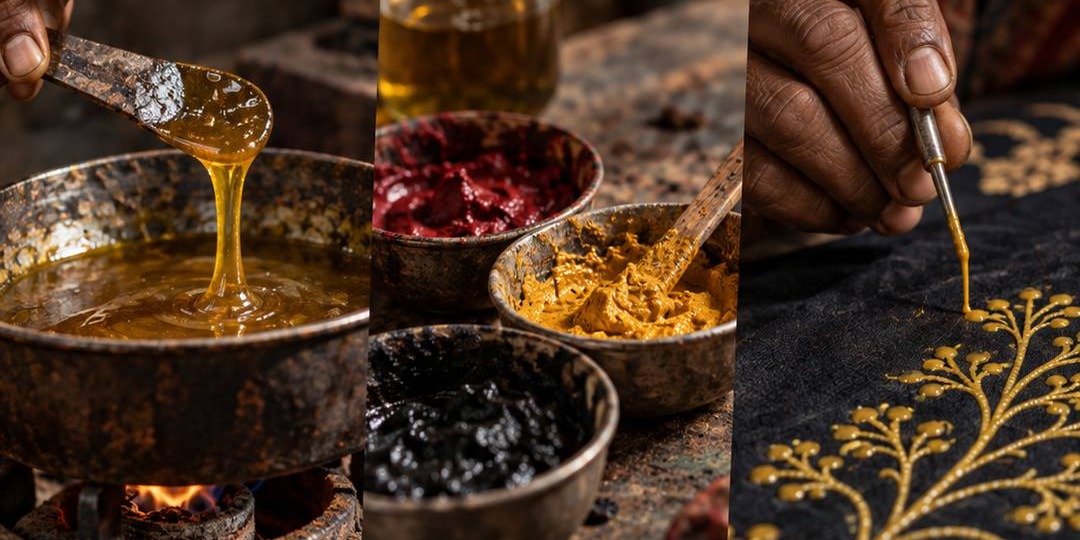 Rogan paint preparation with viscous oil-based colour and pigment bowls.