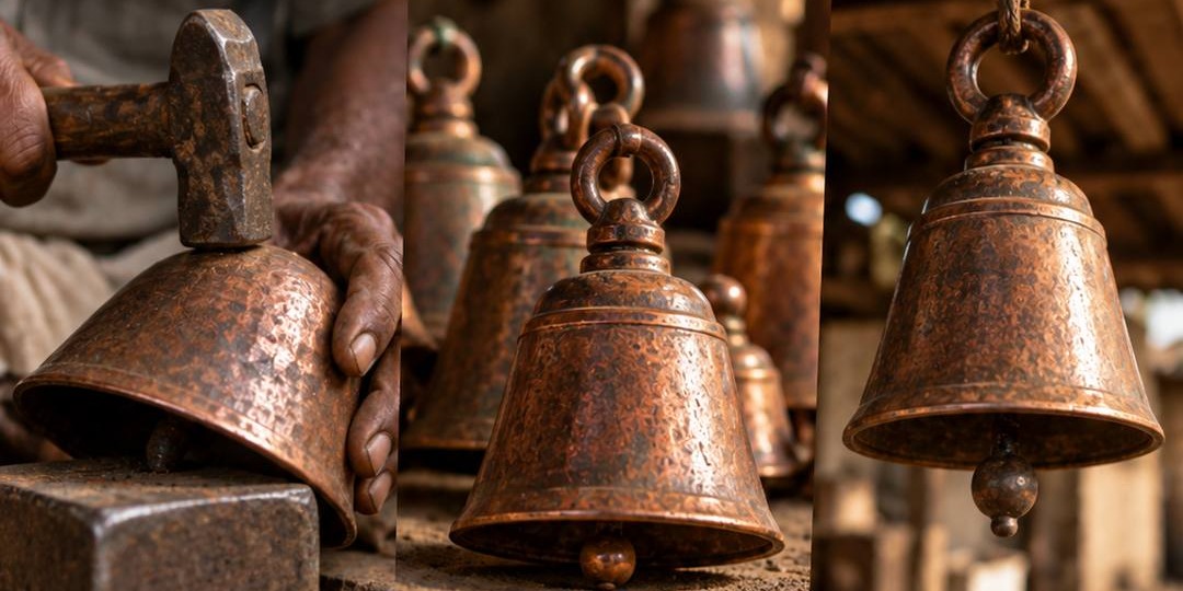 Hand-shaped bells with warm copper-toned surfaces in a craft workshop.