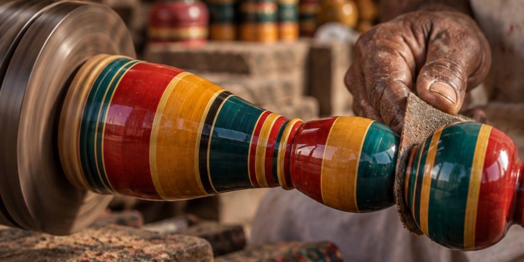 A lacquered wooden object turning on a lathe with bright bands of colour.