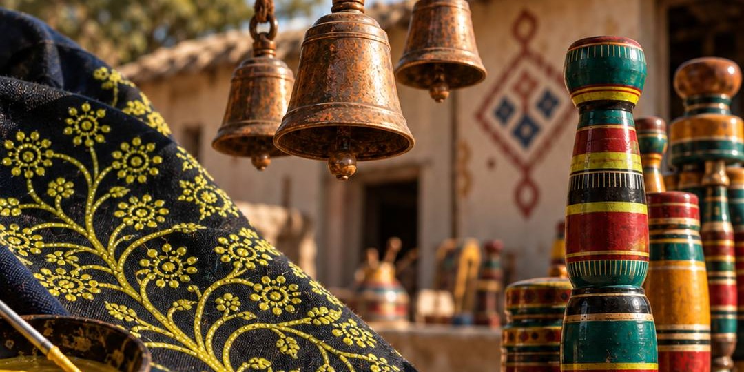 Rogan fabric, bells and lacquered woodwork shown together in a Kutch village setting.