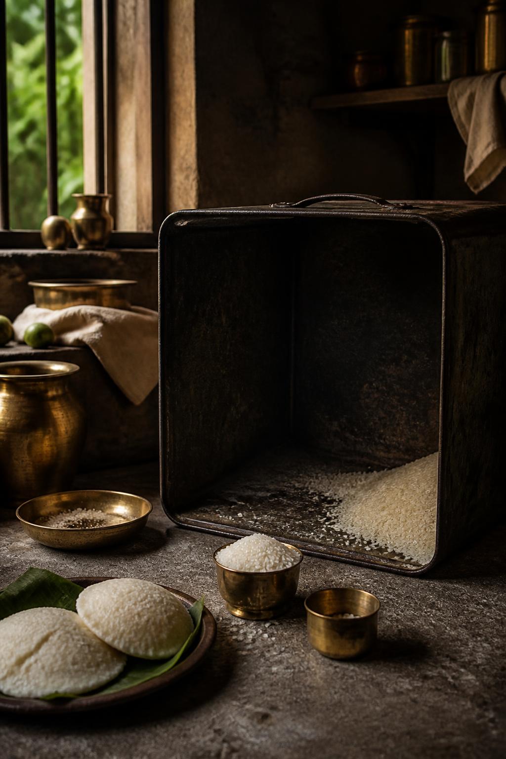 A sparse kitchen still life suggesting a shortage of rice.