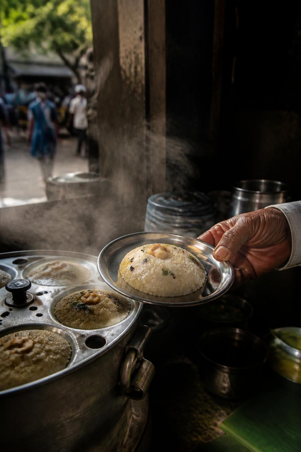 A steaming rava idli being served from an idli vessel.