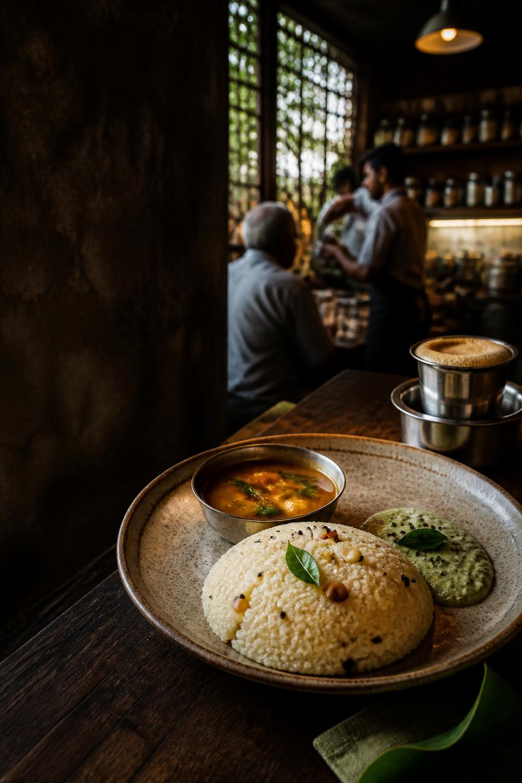 A Bengaluru breakfast spread featuring rava idli, chutney, sambar and filter coffee.