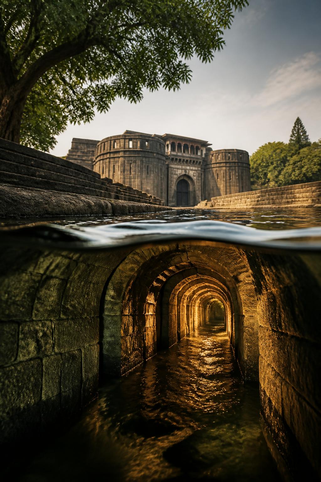 Water moving through a visual connection between Katraj and Shaniwar Wada.