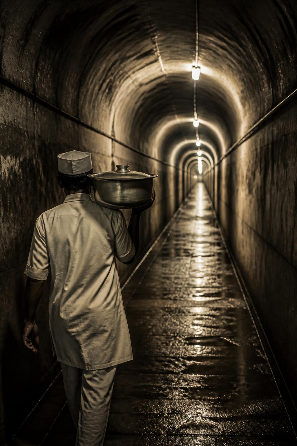 A covered serving vessel being carried through the historic service tunnel.