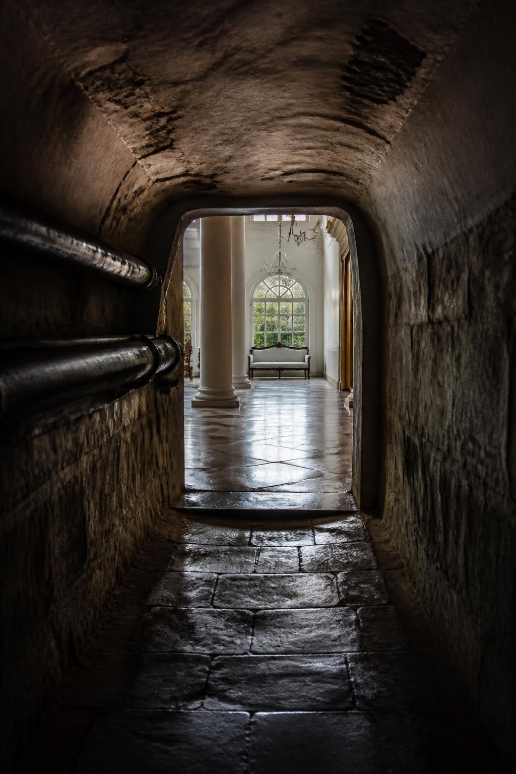 A narrow service passage opening toward an elegant historic residence.