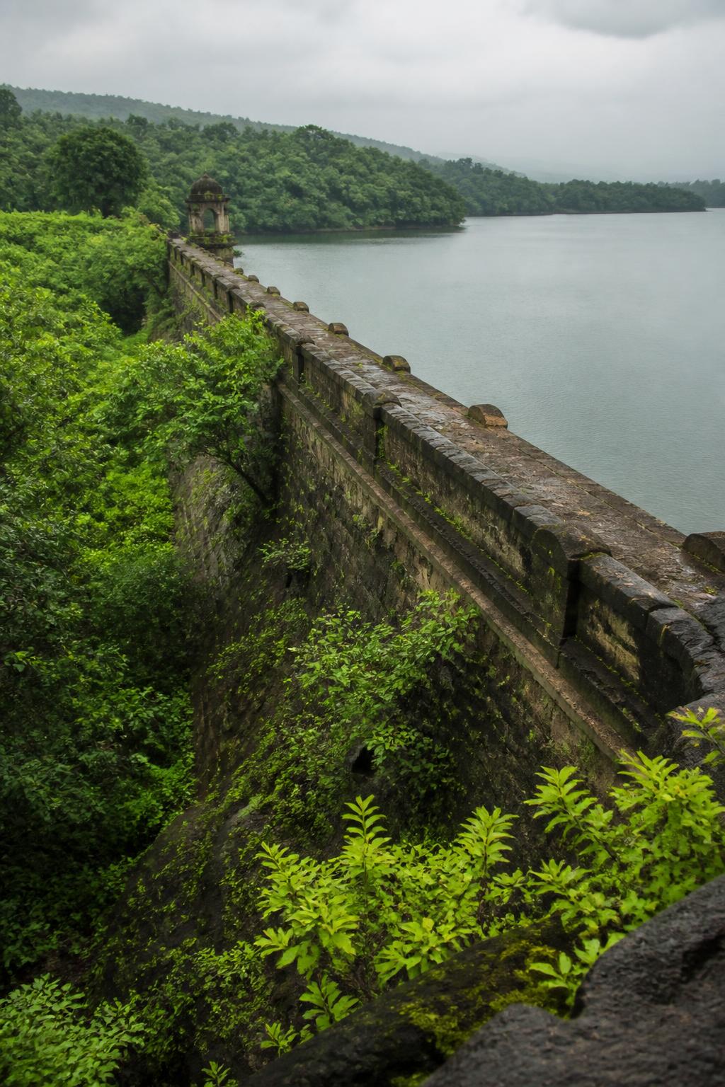 Katraj Lake and its masonry waterworks in Pune.