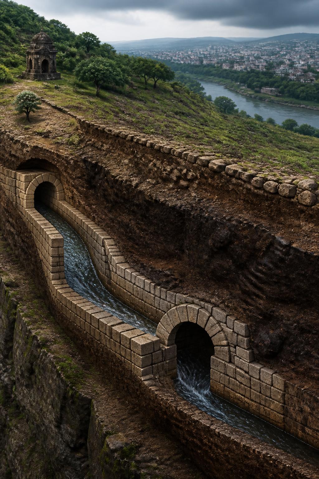 Water flowing downhill through a buried masonry aqueduct.