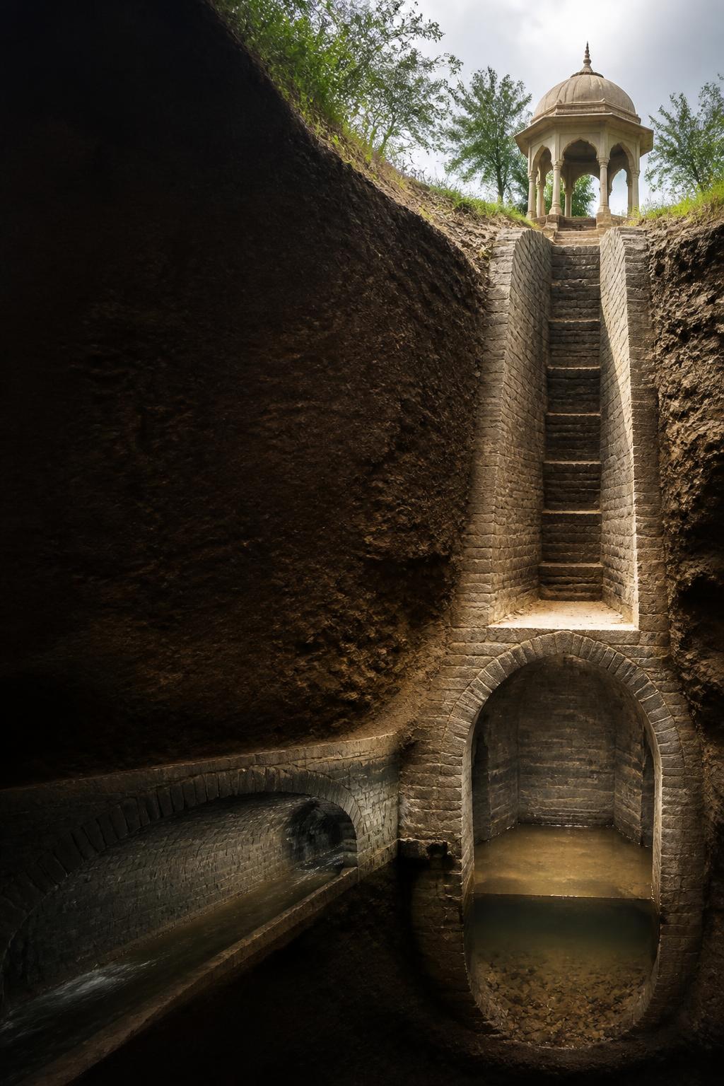 A maintenance shaft connecting the aqueduct to the surface.