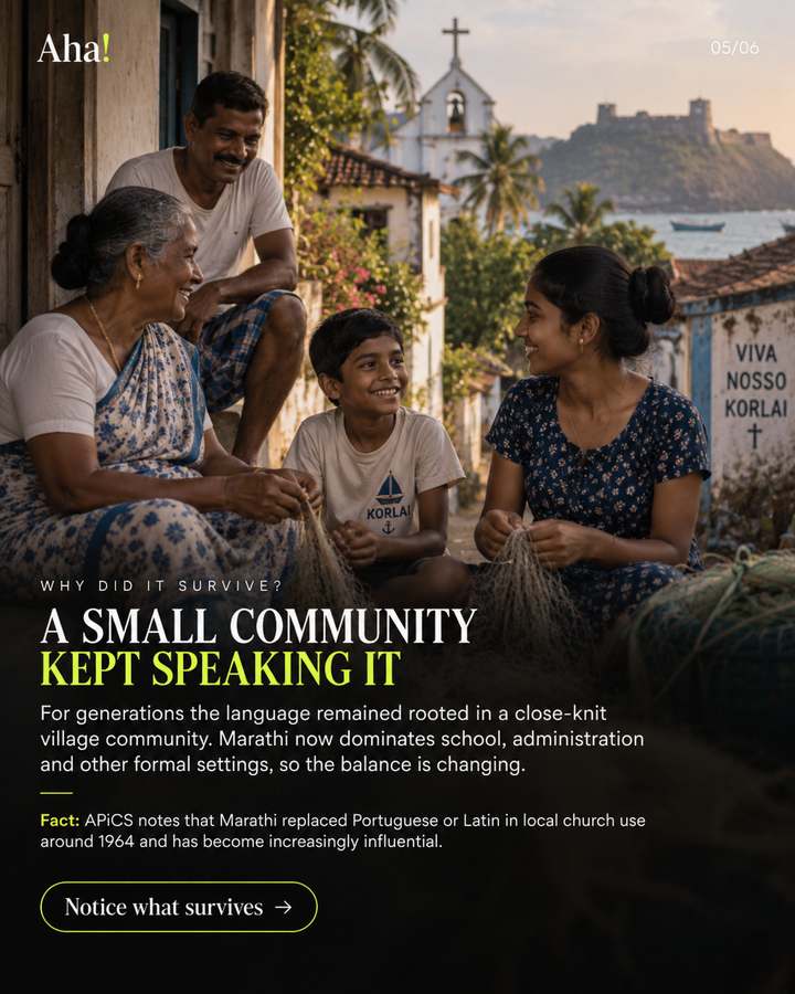 A close-knit Korlai community scene illustrating how a village language can survive across generations.