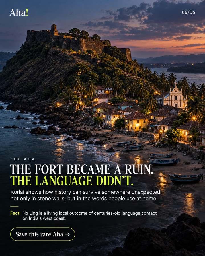 Korlai fort ridge and village at dusk, contrasting surviving stone ruins with a living language.