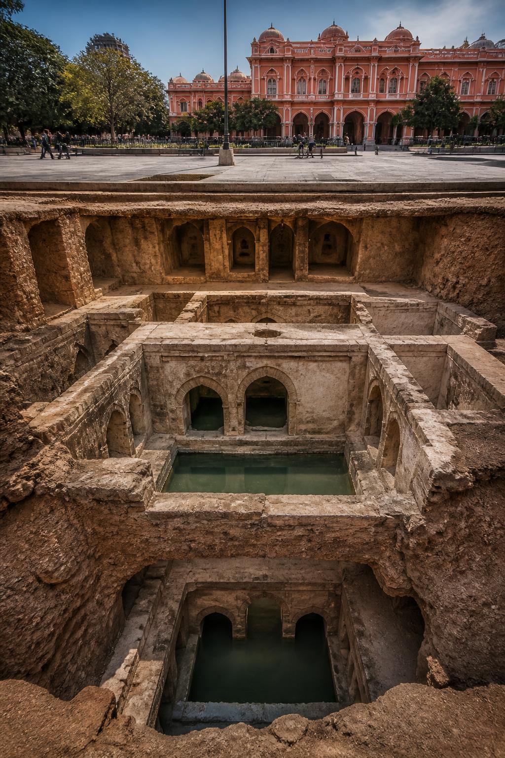 Layered historic water tanks beneath a Jaipur public square.