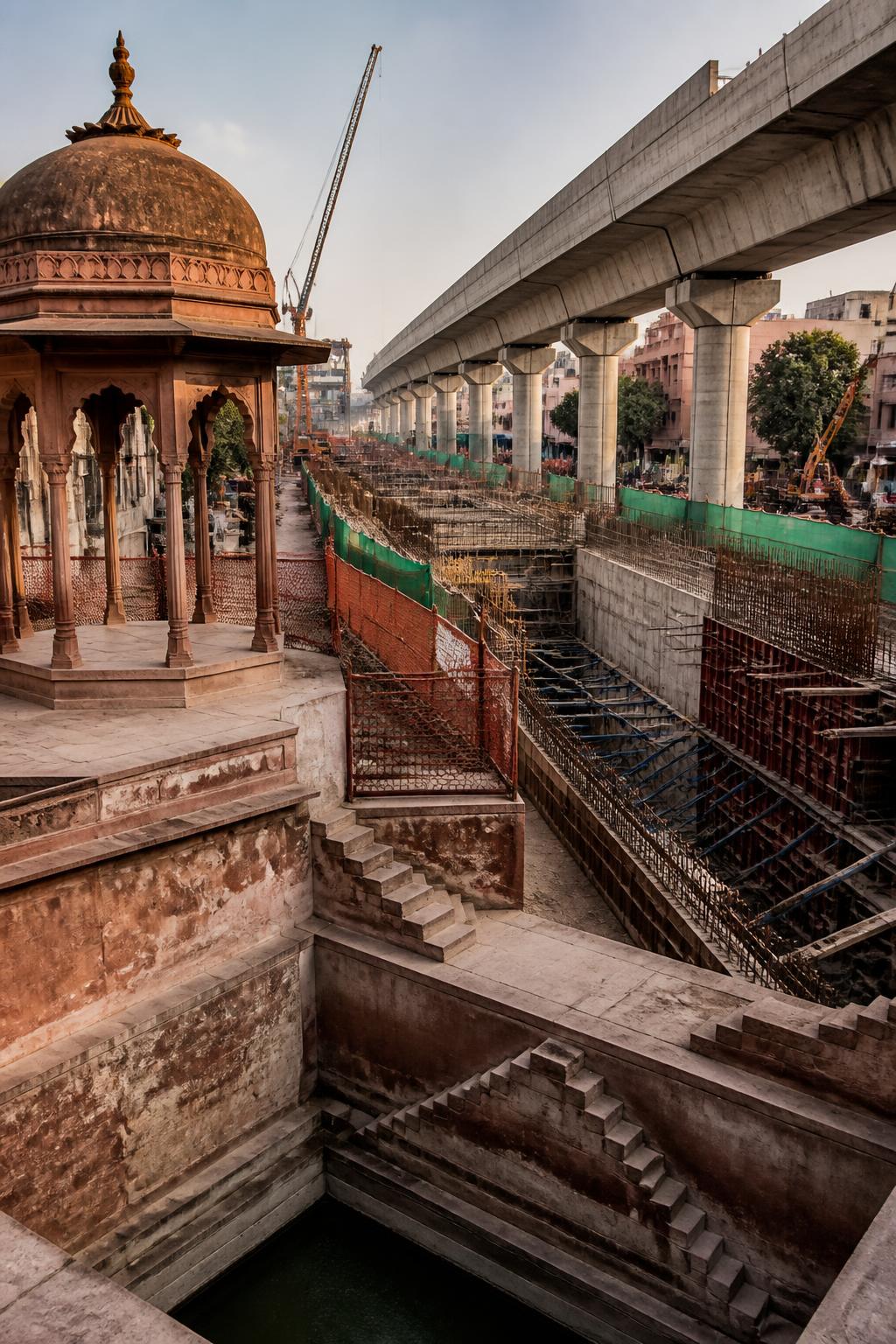 Historic kund masonry preserved alongside Jaipur metro infrastructure.