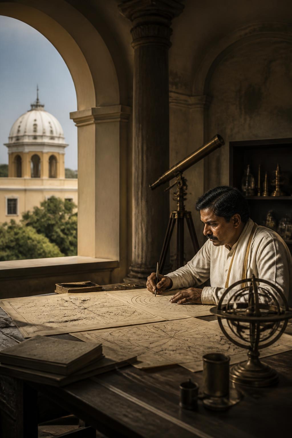 Astronomical instruments and star charts evoke the people who worked at the Madras Observatory.
