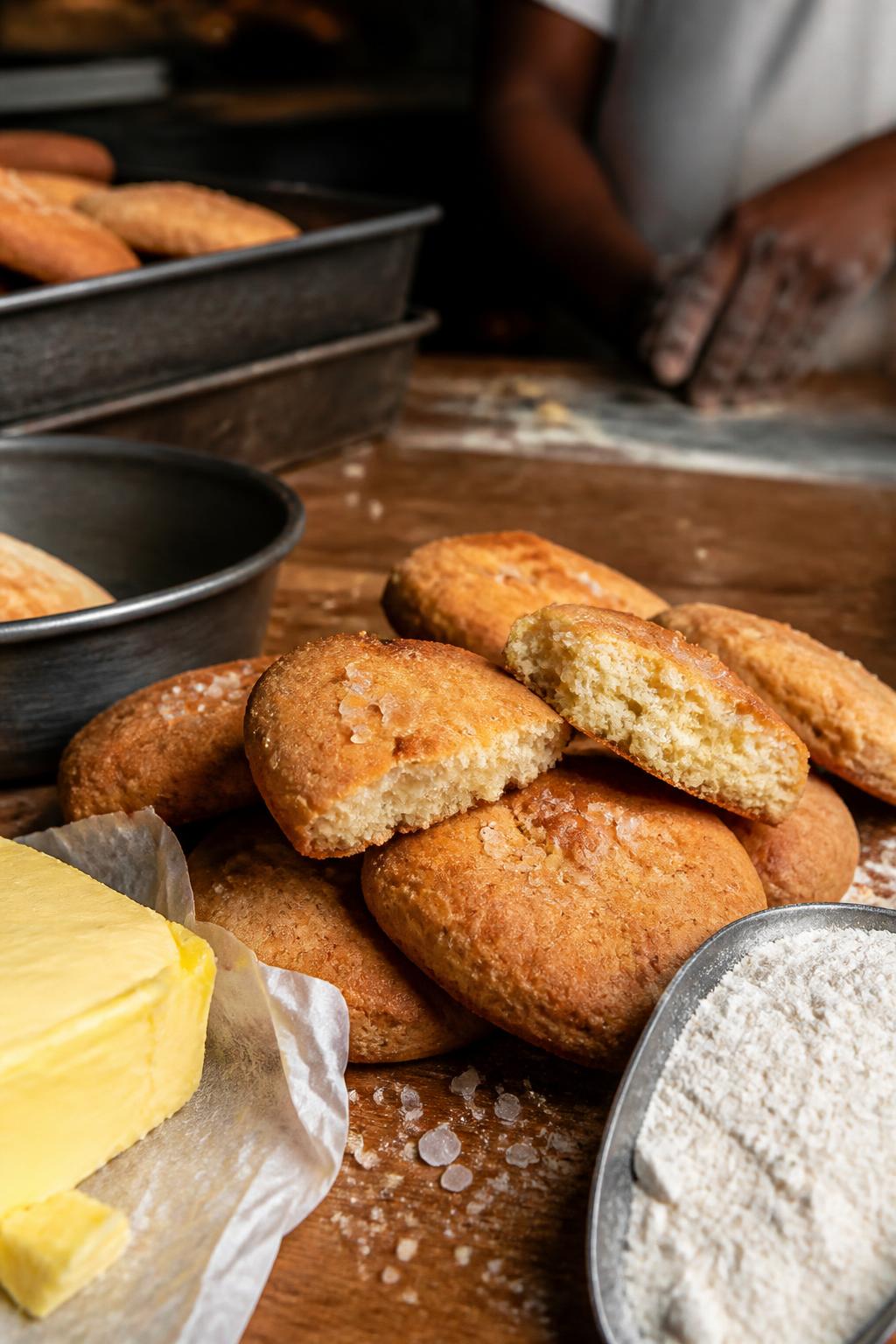 Close-up showing the pale crumb and sweet-salty character of Osmania biscuits.