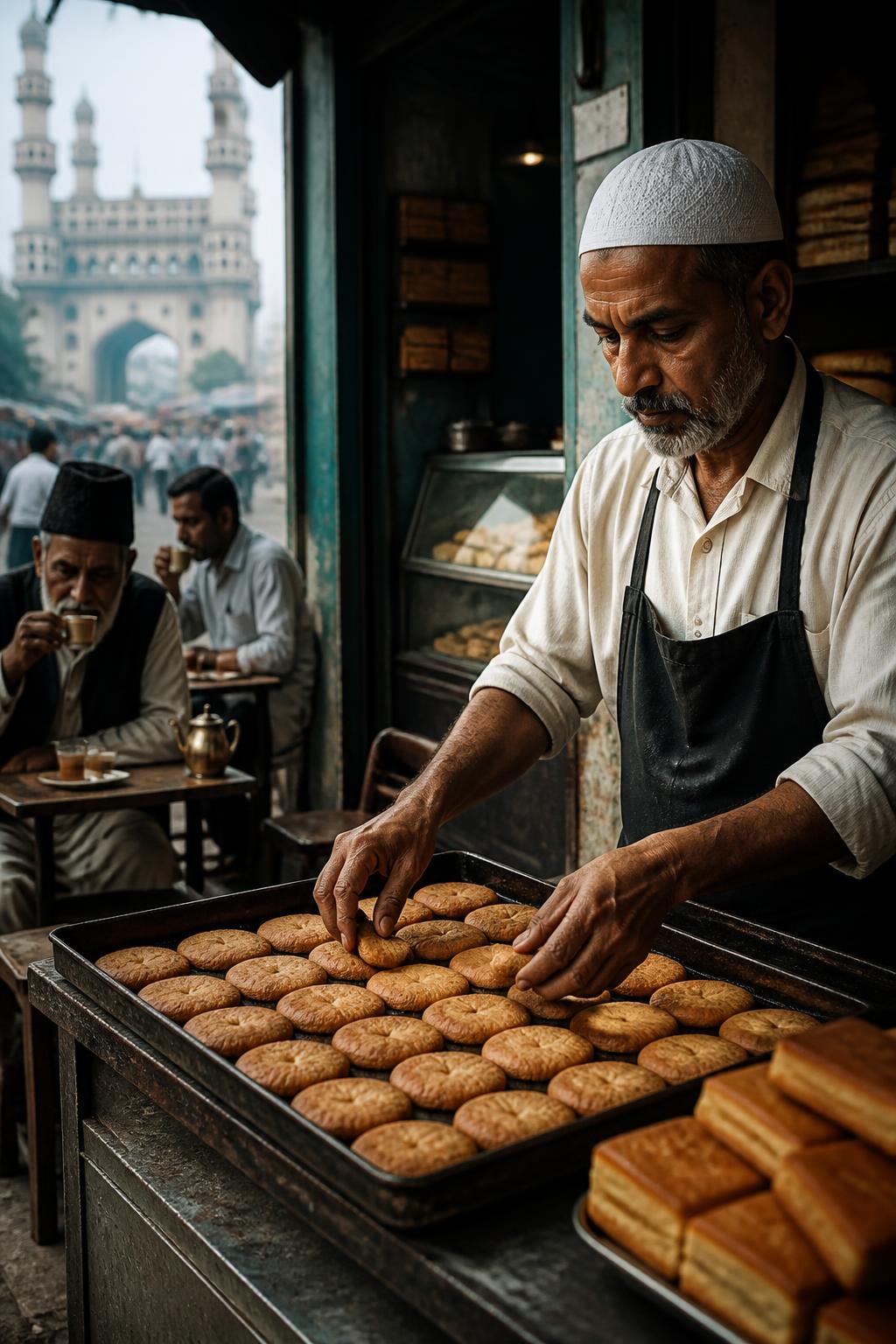 A Hyderabad baker arranging Osmania biscuits for café customers.