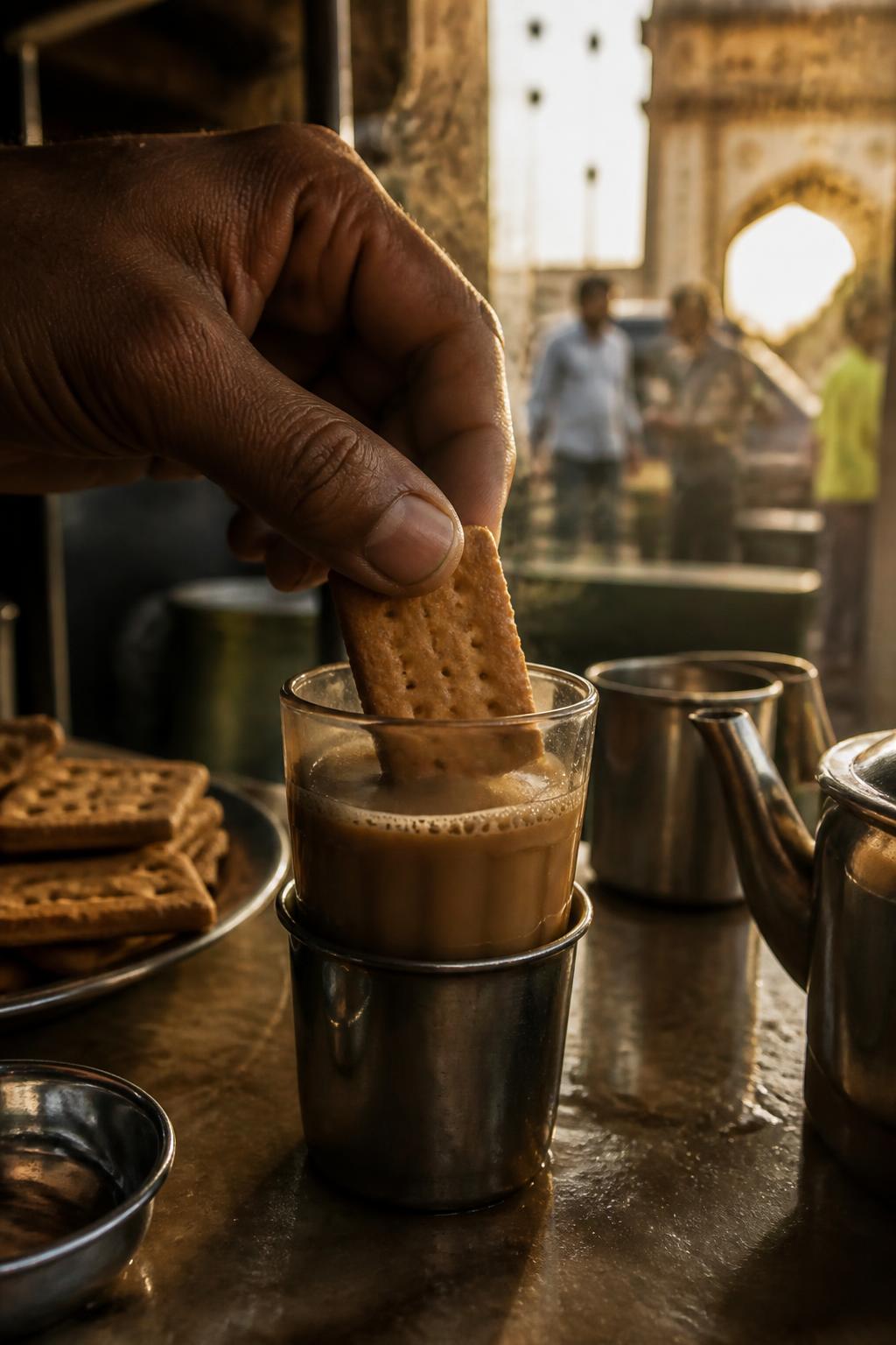 A hand dipping an Osmania biscuit into Irani chai in Hyderabad.