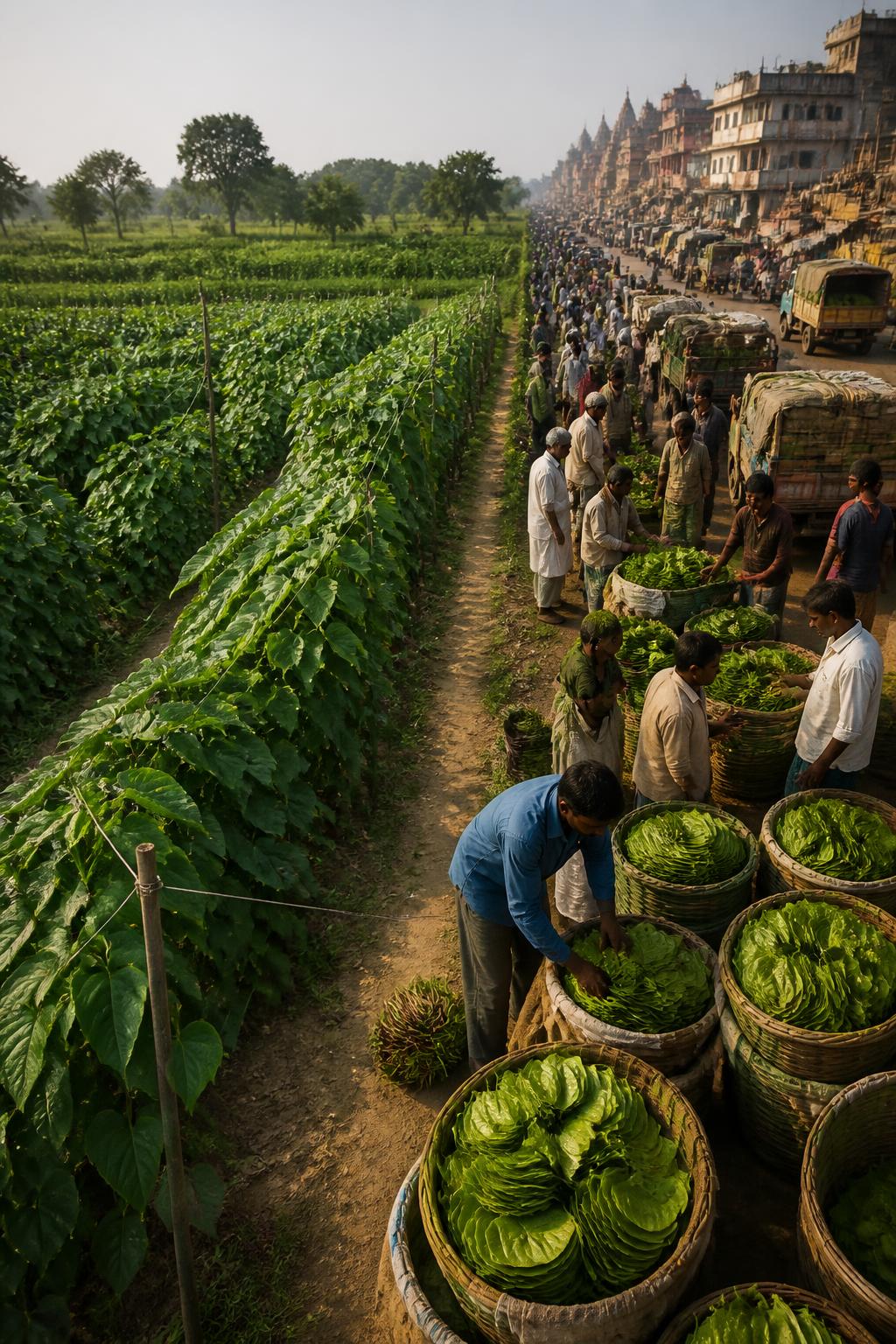 Betel leaves moving from Bihar cultivation toward a Varanasi market.
