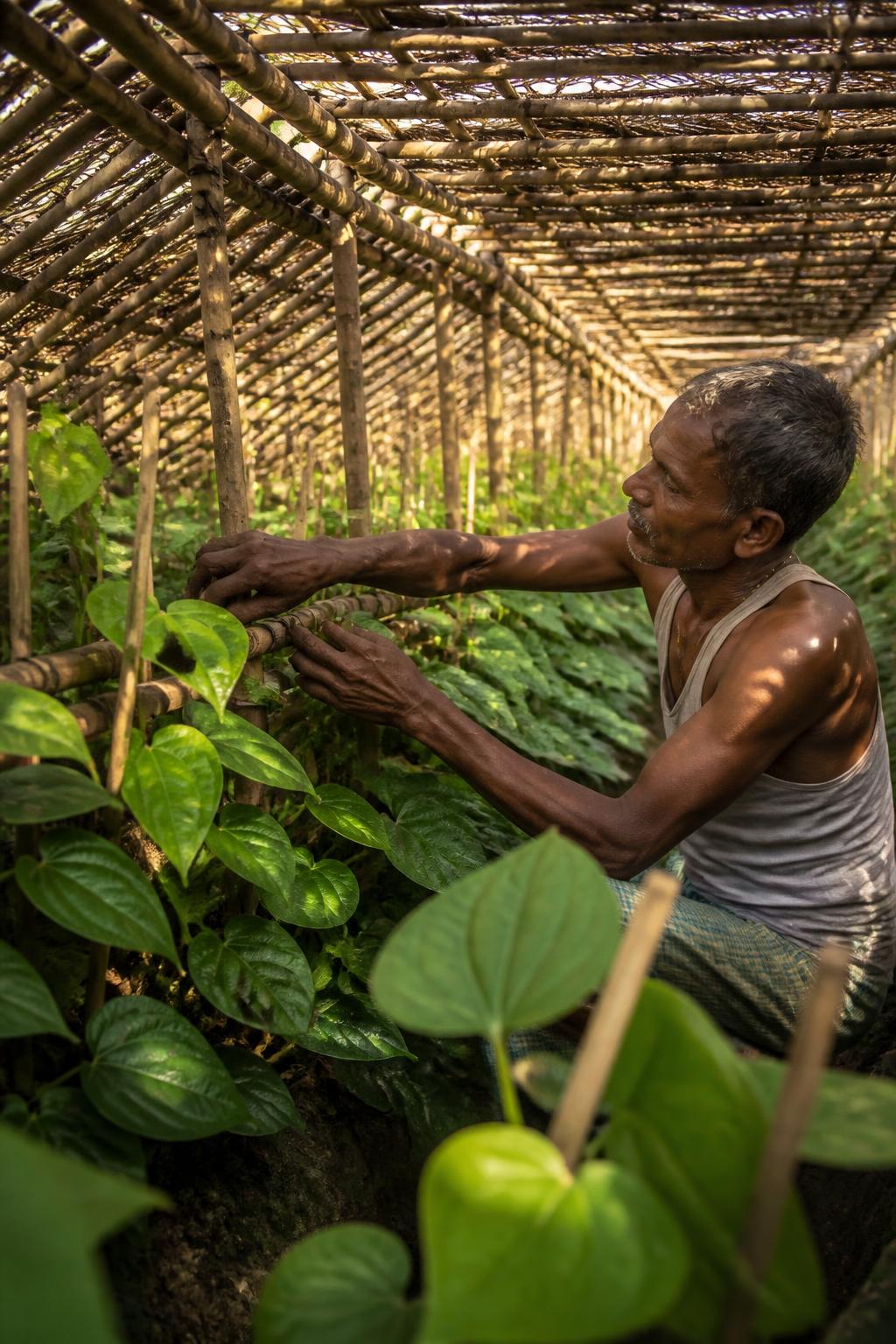A farmer tending tender betel vines inside a bamboo-and-straw structure.