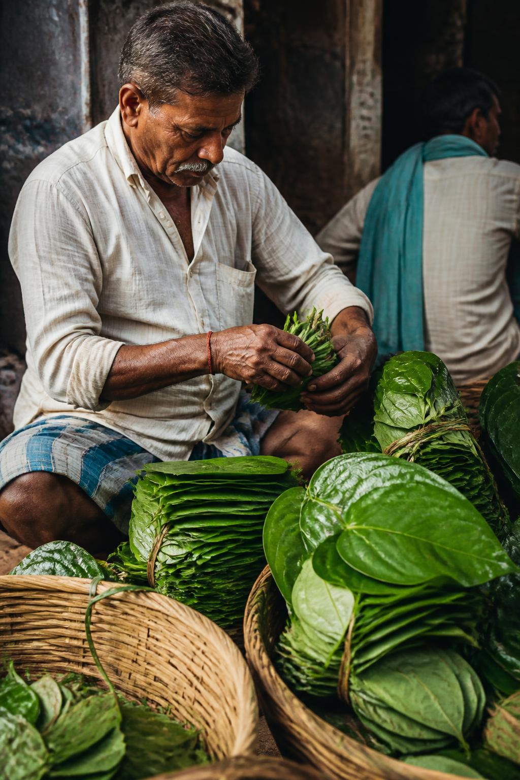Hands sorting and bundling betel leaves at a regional market.