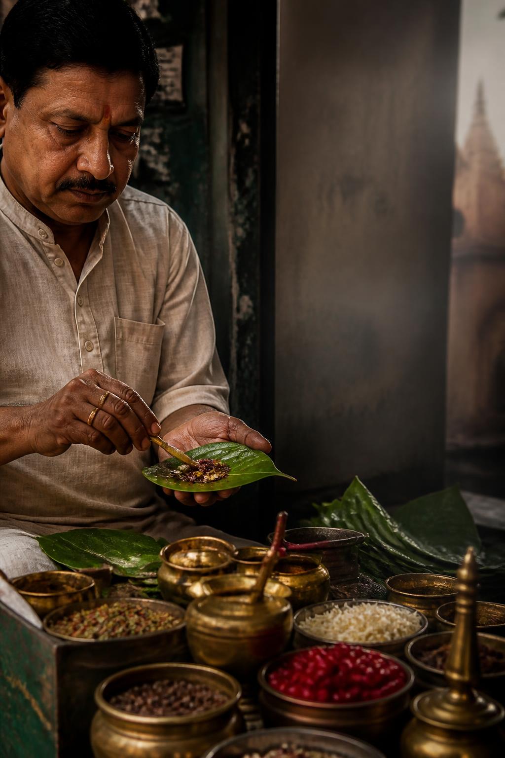 A Varanasi paan maker folding a prepared betel leaf by hand.