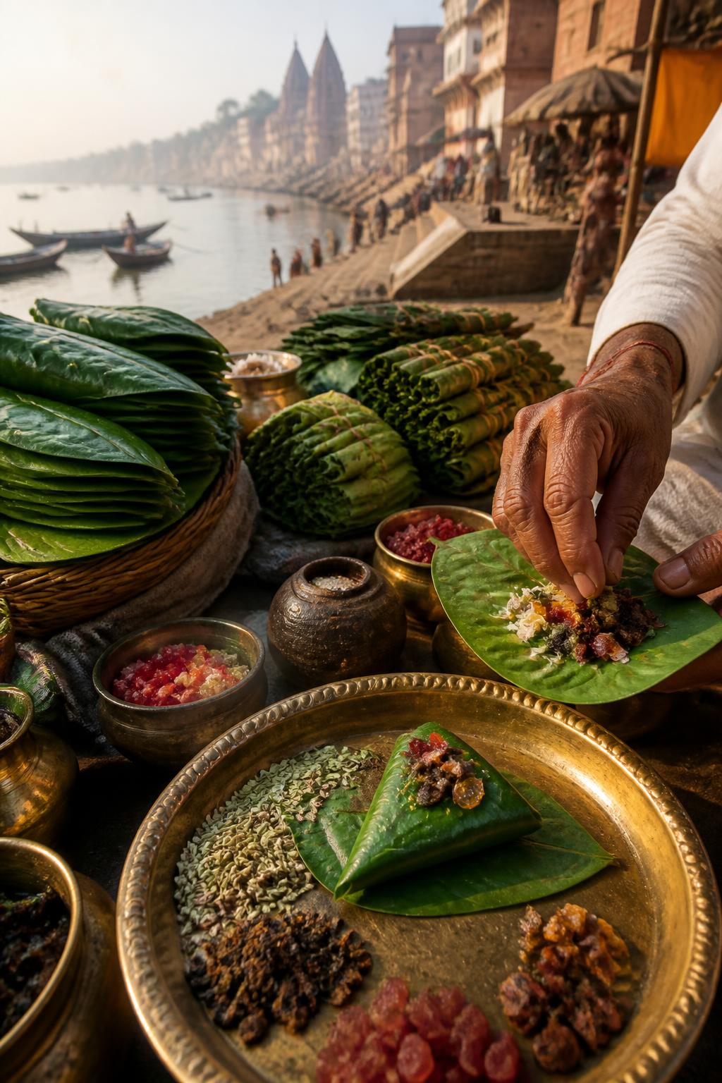 Betel leaves, market bundles and a finished paan representing a Bihar–Varanasi food journey.