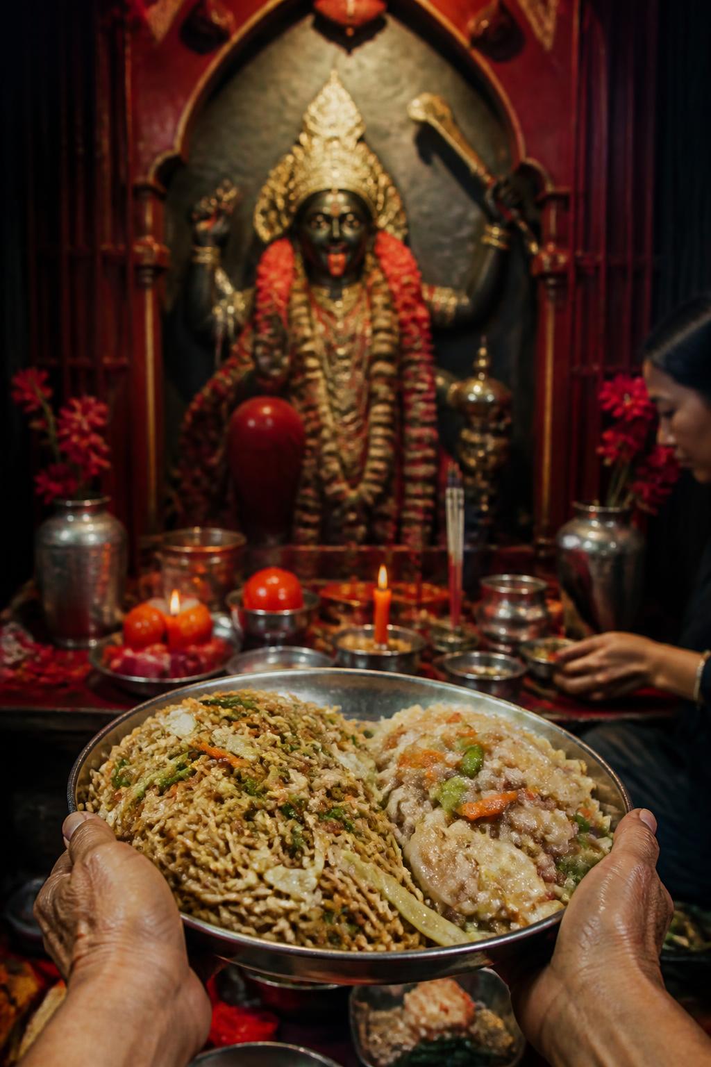 Noodles and chop suey used as devotional offerings at the temple.