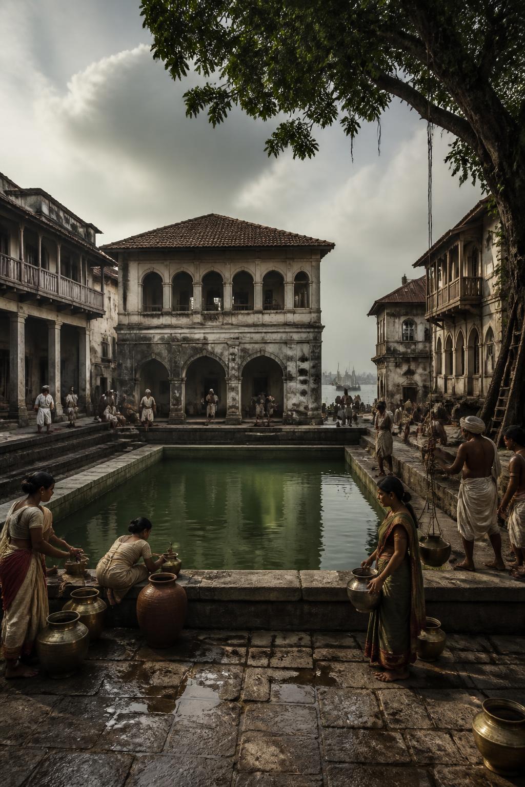 A historically grounded reconstruction of residents collecting water from Cowasji Patel Tank.
