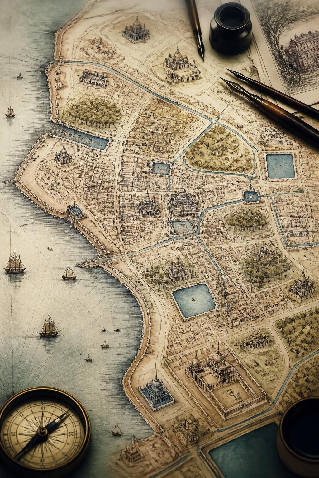 A visual reconstruction of Mumbai as a connected network of public tanks and water routes.