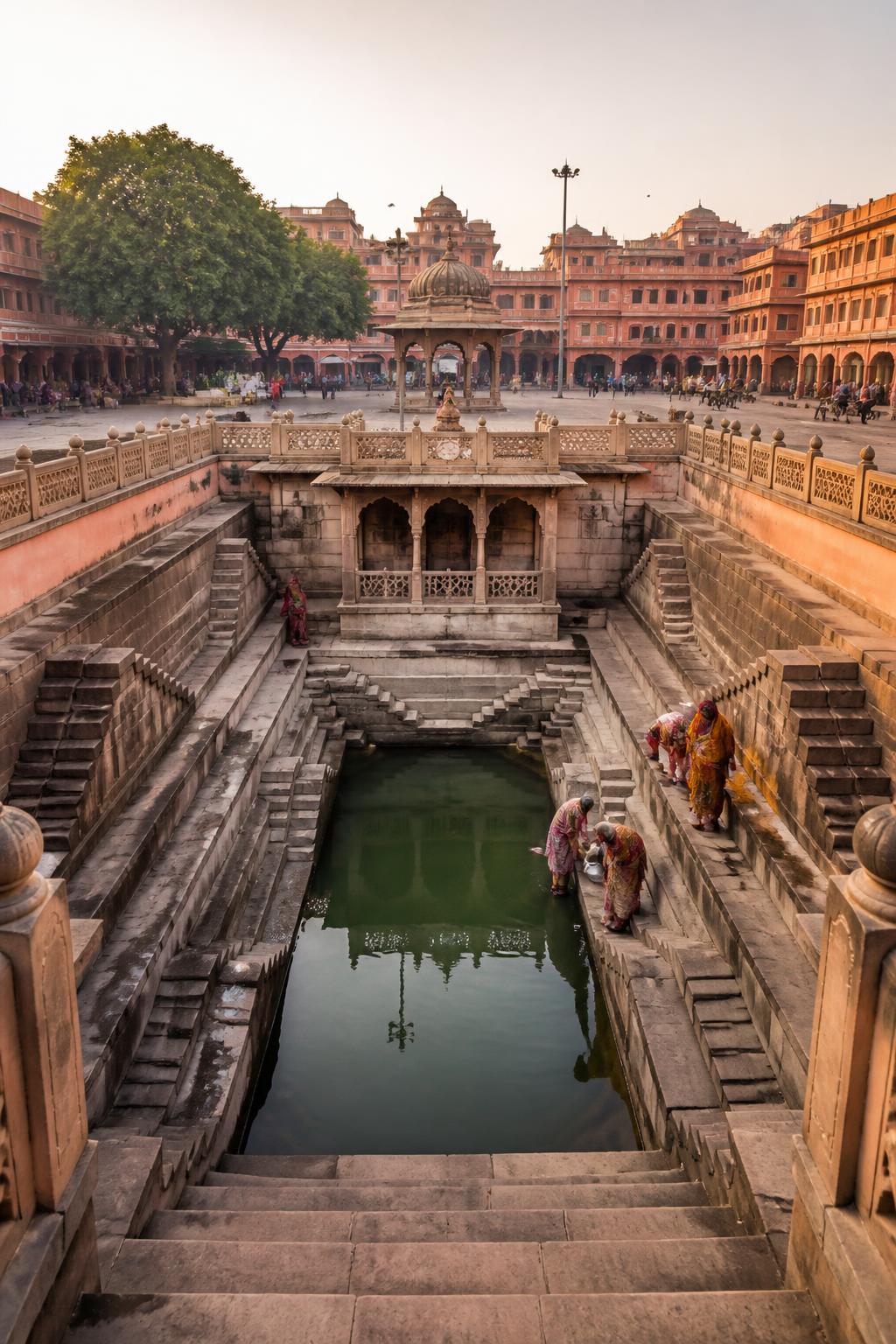 A stepped tank serving a historic Jaipur public square.
