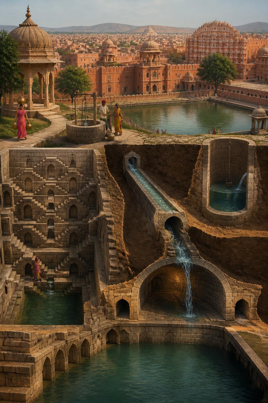 Traditional wells, channels and reservoirs forming Jaipur’s water network.