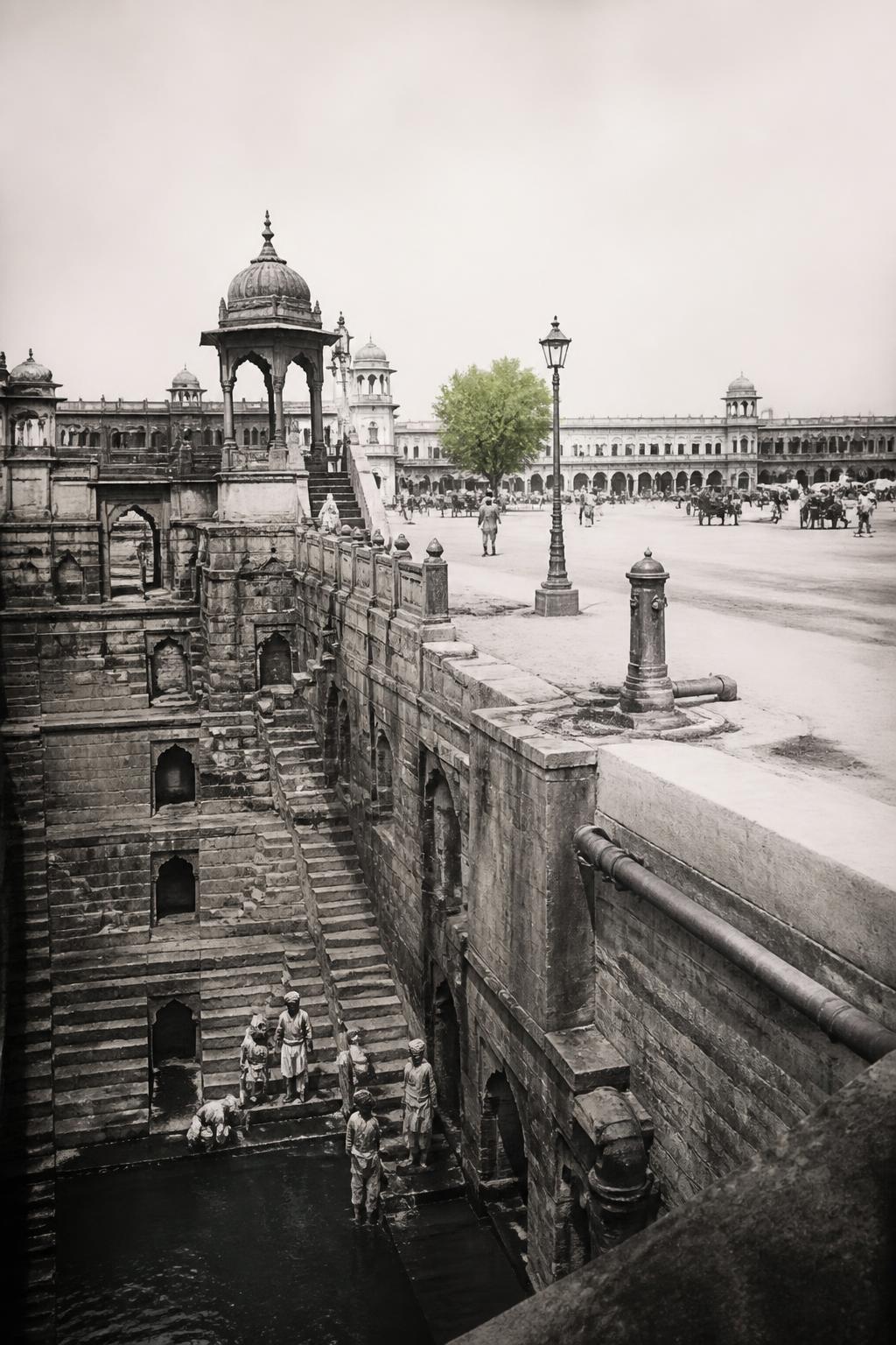 A historic stepped tank being transformed into a built-up Jaipur square.