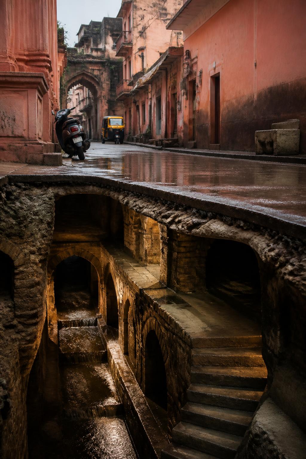 A surviving traditional water structure partly hidden beneath modern Jaipur.