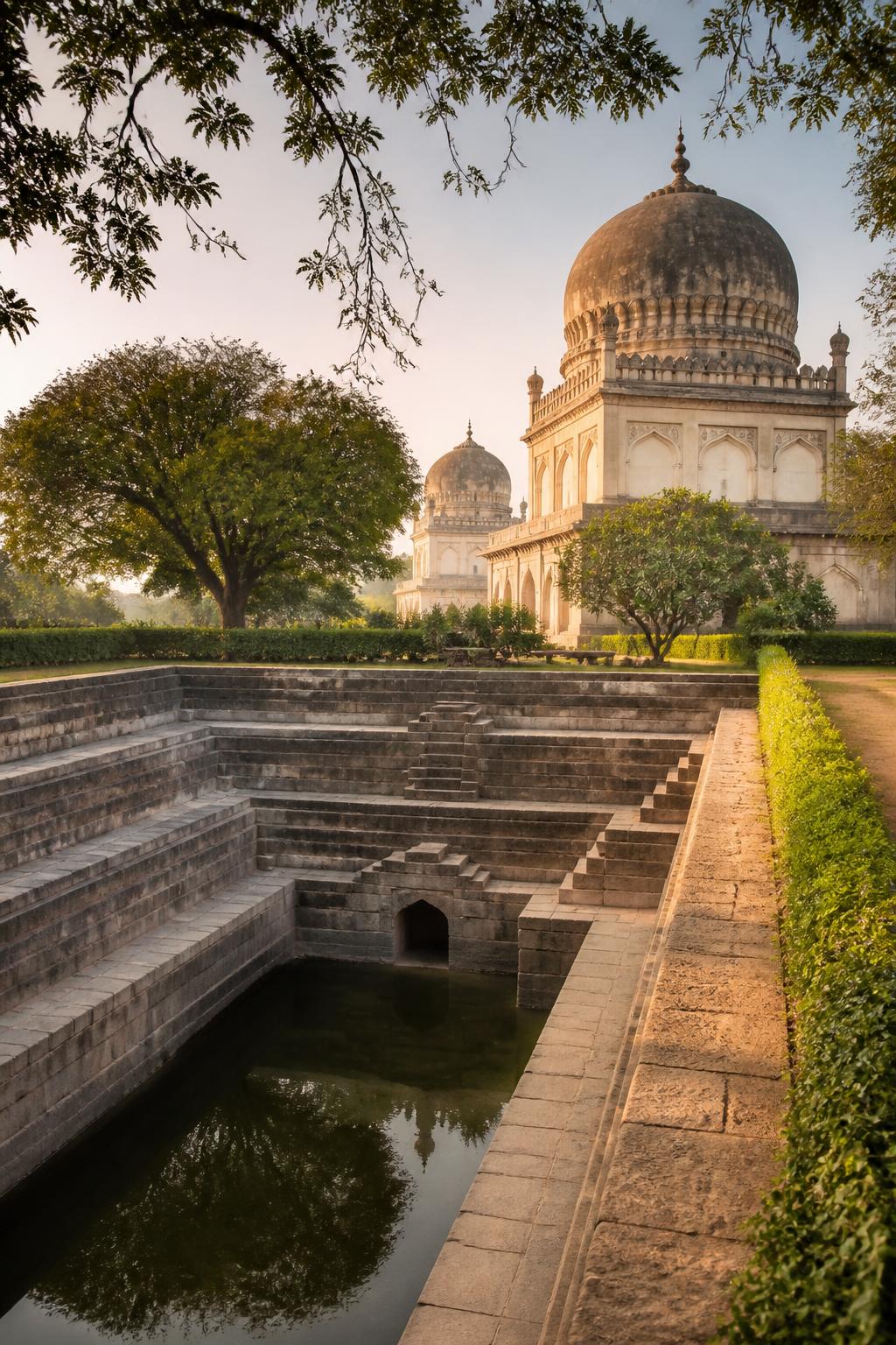 A stepwell and gardens near the Qutb Shahi Tombs.