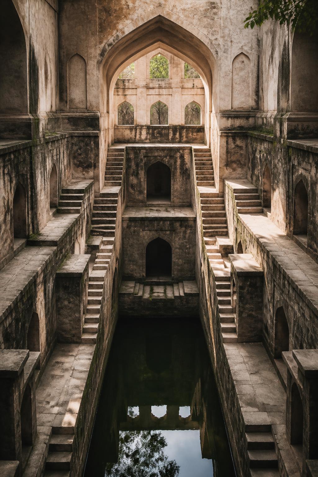 Stone steps descending into a restored Qutb Shahi stepwell.