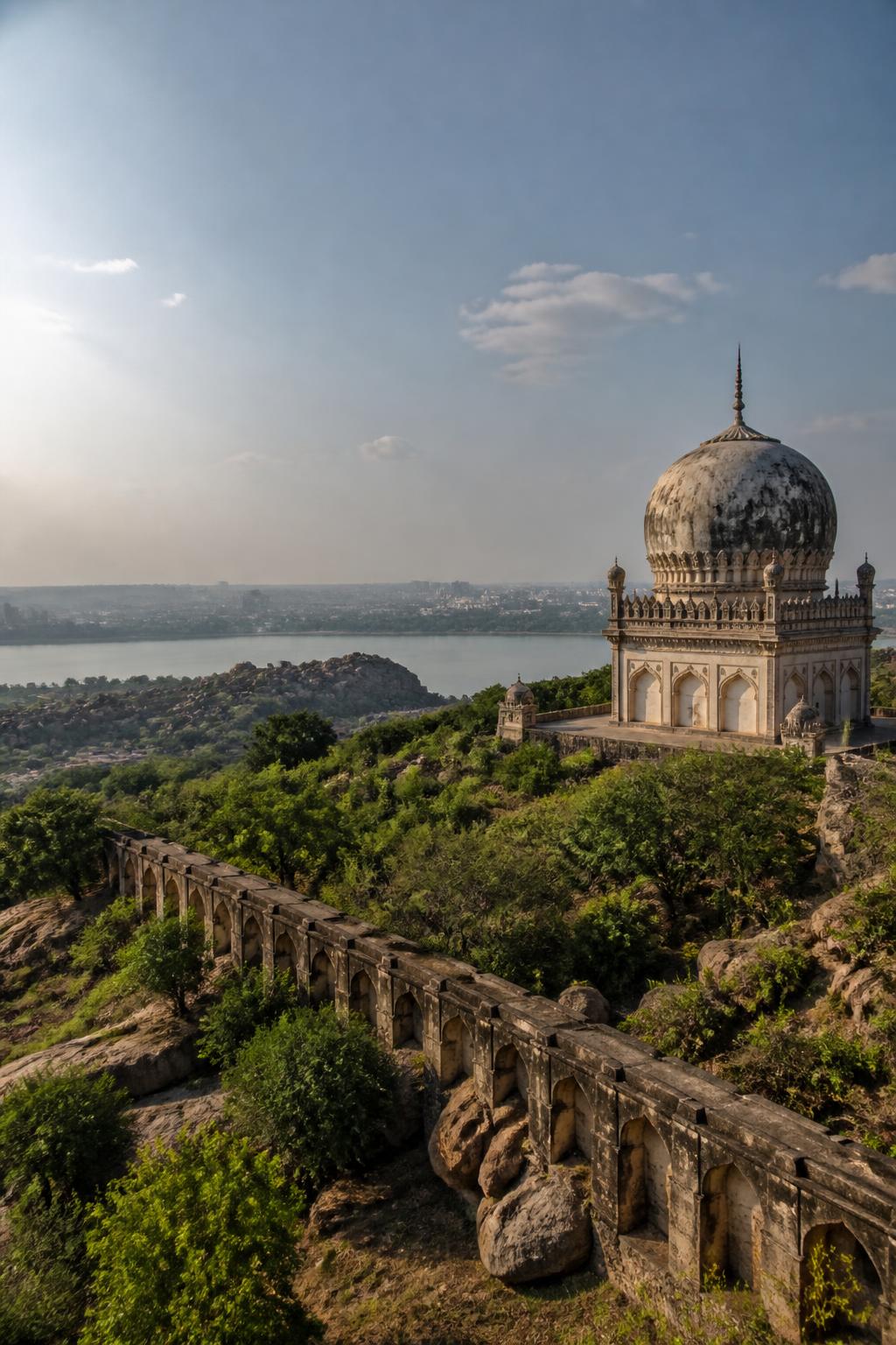 Historic water infrastructure across Hyderabad’s rocky landscape.