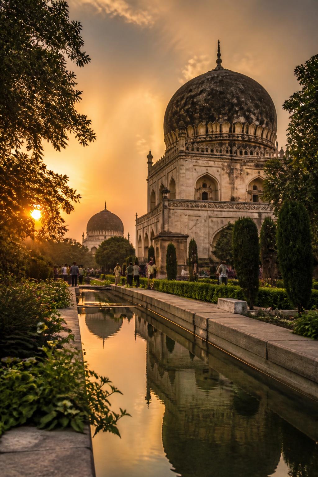 Visitors and restored water channels beneath the Qutb Shahi Tombs at sunset.