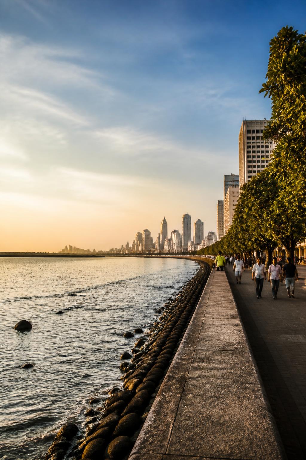 People walking along Mumbai’s reclaimed western waterfront.