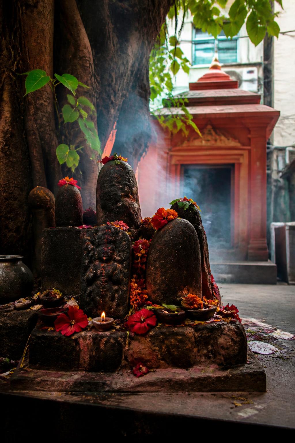 Dark sacred stones beneath a tree beside a modest shrine, representing the temple’s reported beginnings.