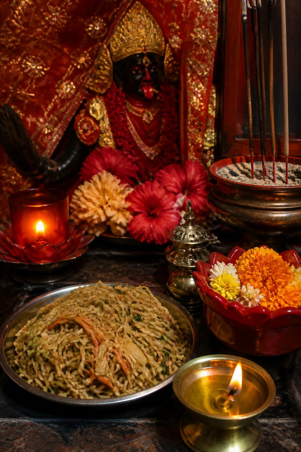 Noodles and devotional offerings placed near a Kali shrine in Kolkata’s Chinese Kali Temple.