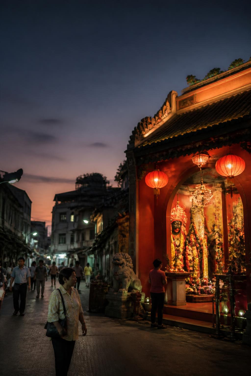 Tangra at dusk, where a Kali temple and Chinese-influenced neighbourhood life express Kolkata’s mixed identity.