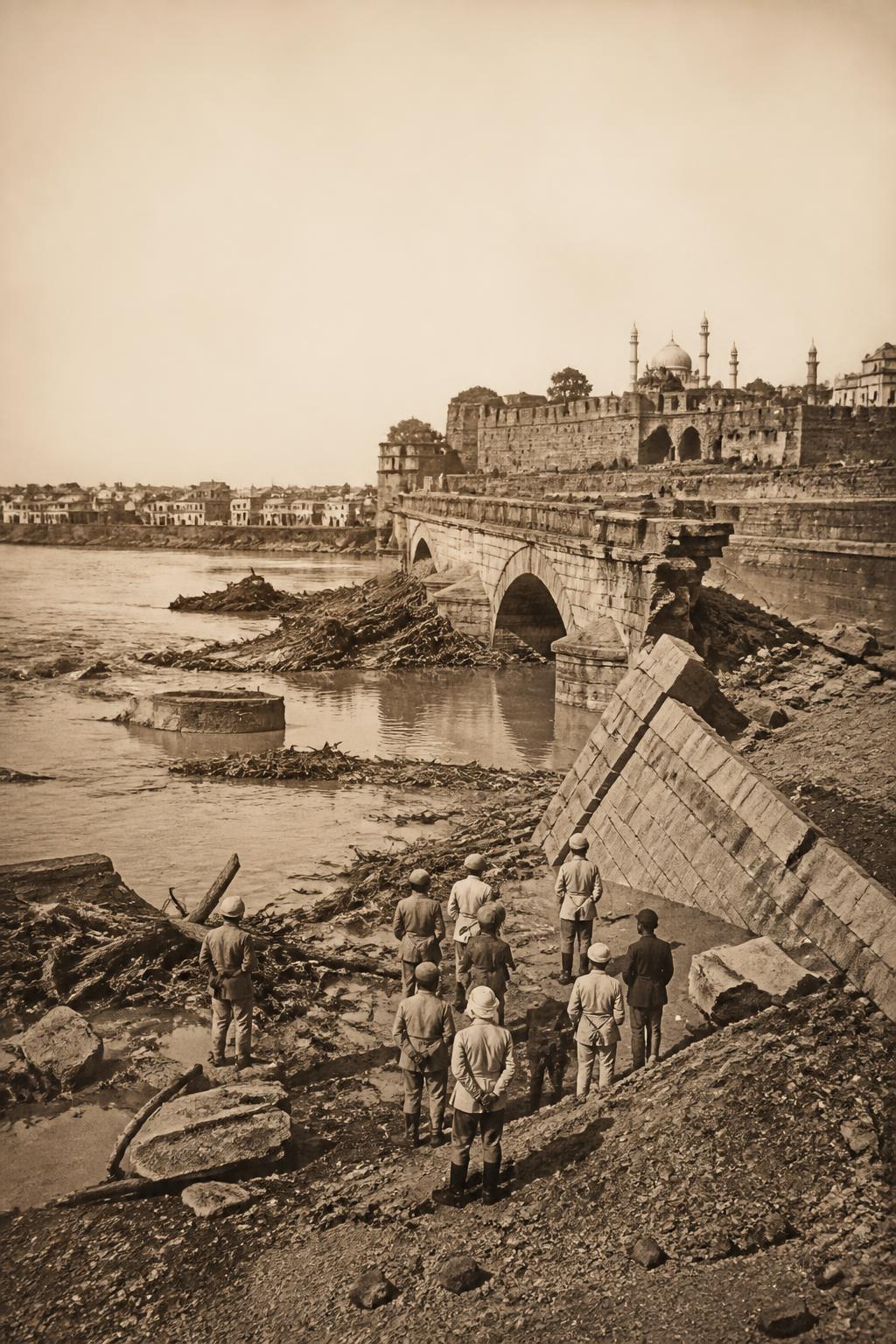 Flood damage to bridges, walls and neighbourhoods in historic Hyderabad.