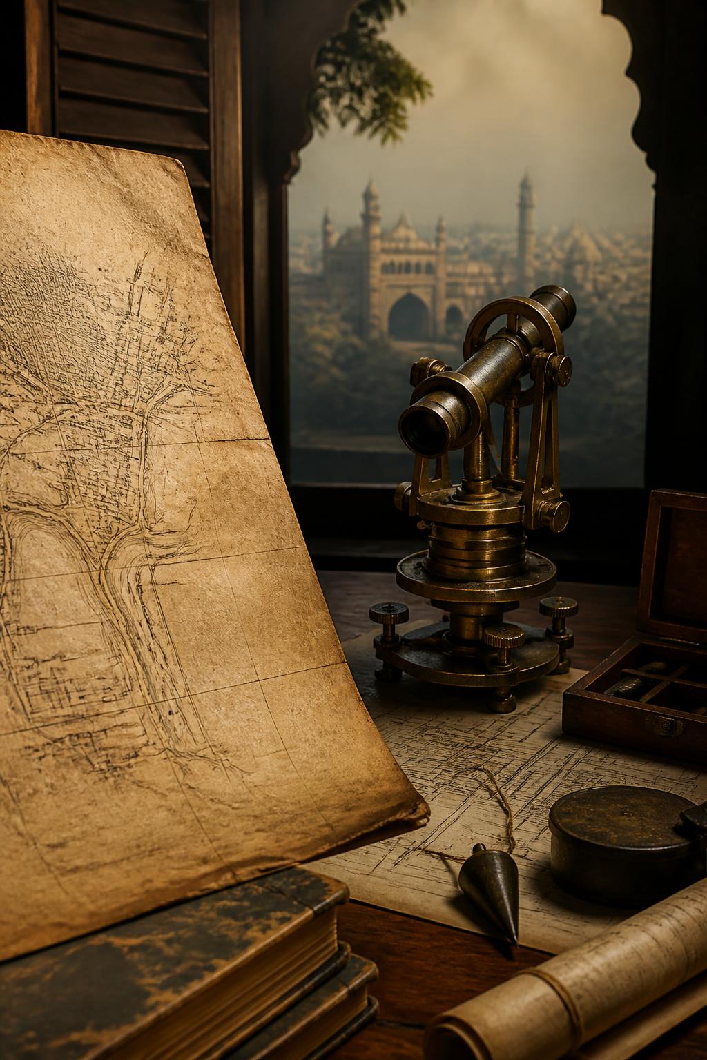 Historic municipal map and surveying tools representing Hyderabad’s post-flood mapping.