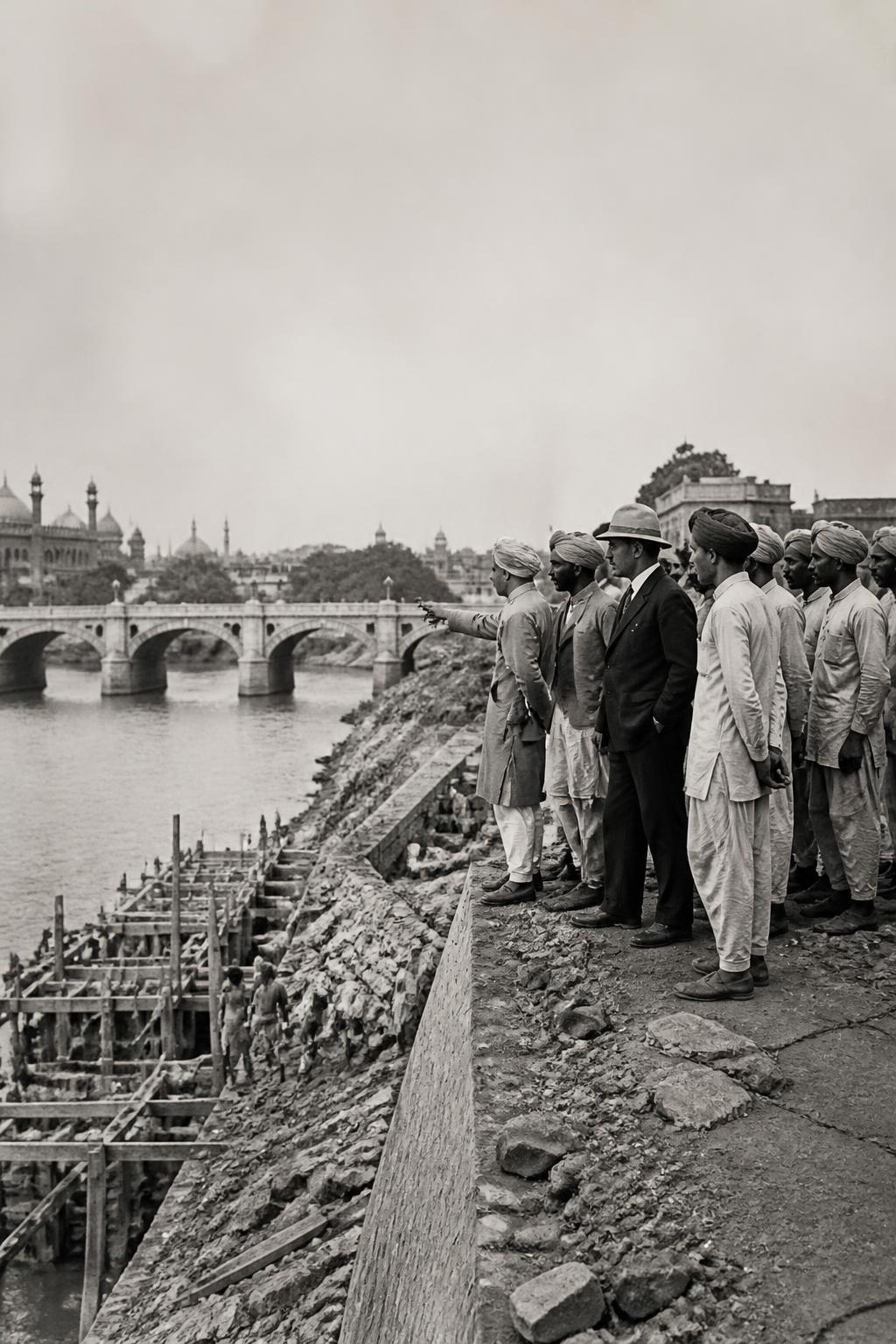 Engineers and workers inspecting early flood-control and bridge works in Hyderabad.