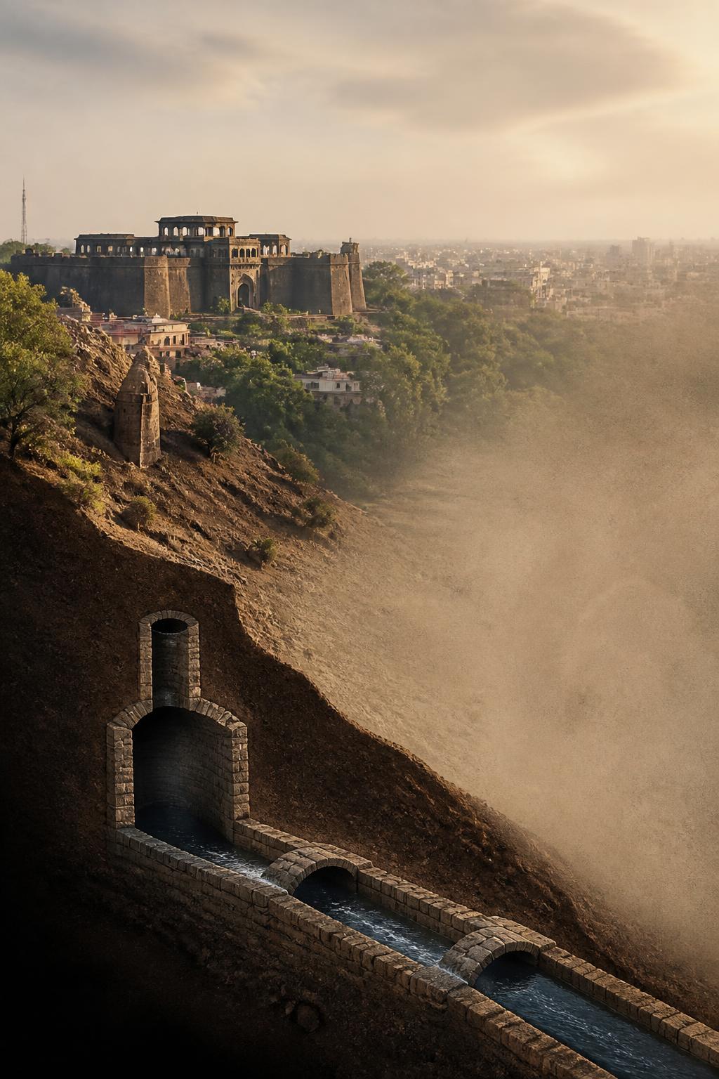 A terrain view showing the downhill route of Pune’s historic aqueduct.