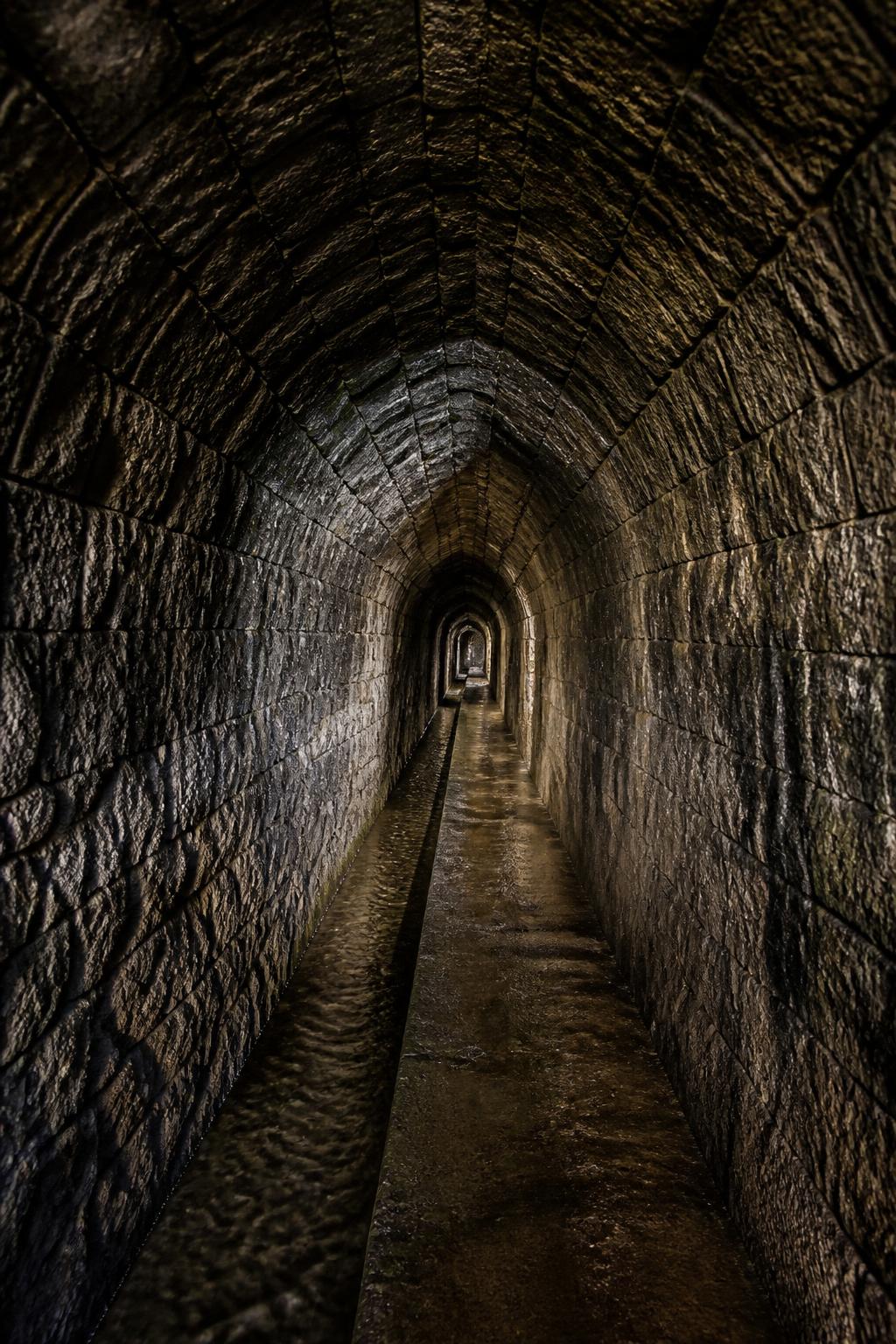 The arched interior of a narrow underground masonry aqueduct.