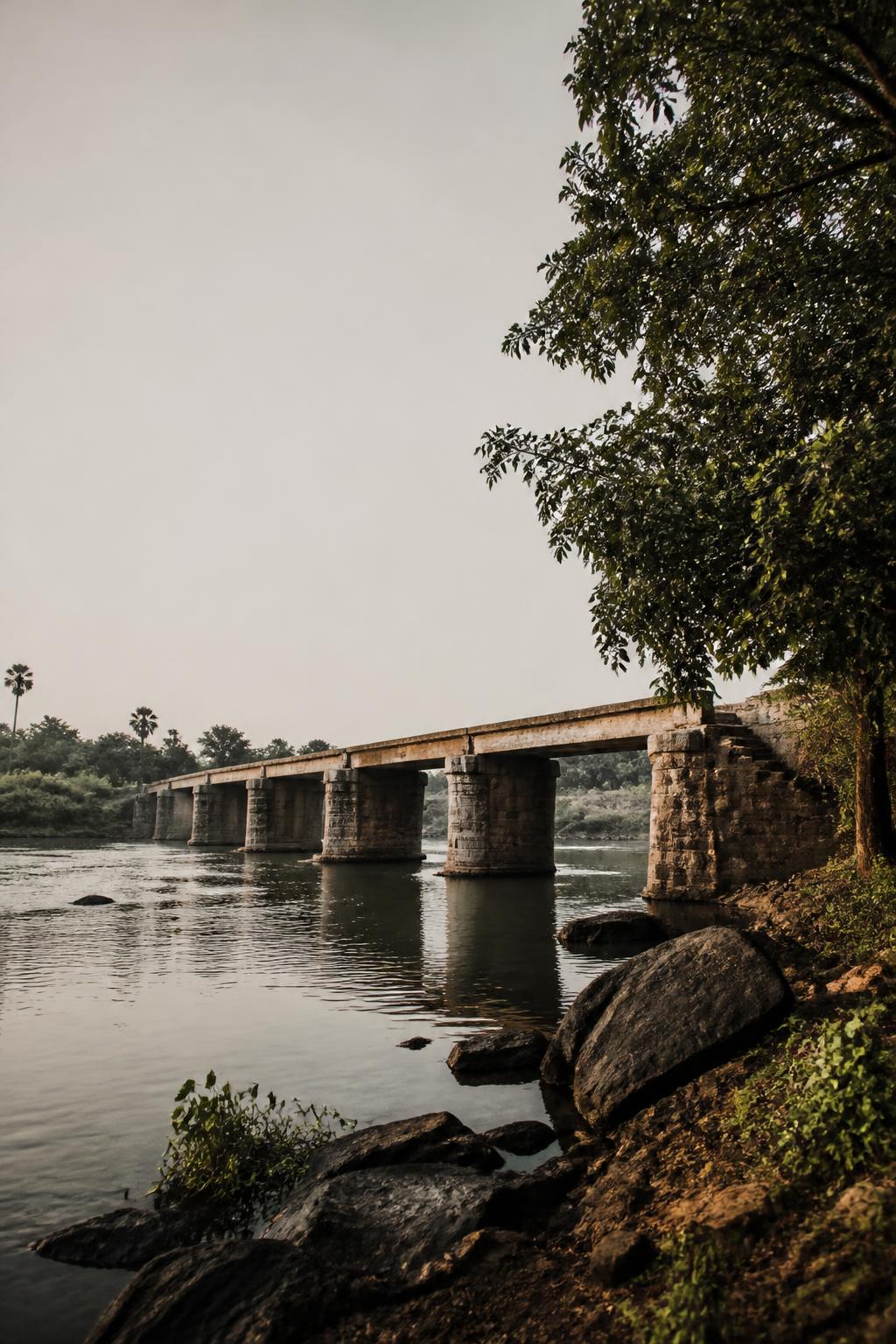 A visual reconstruction of the early Marmalong Bridge spanning the Adyar near Saidapet.
