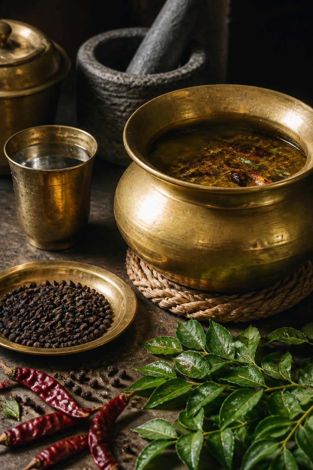 Pepper, chillies and curry leaves beside a brass vessel.
