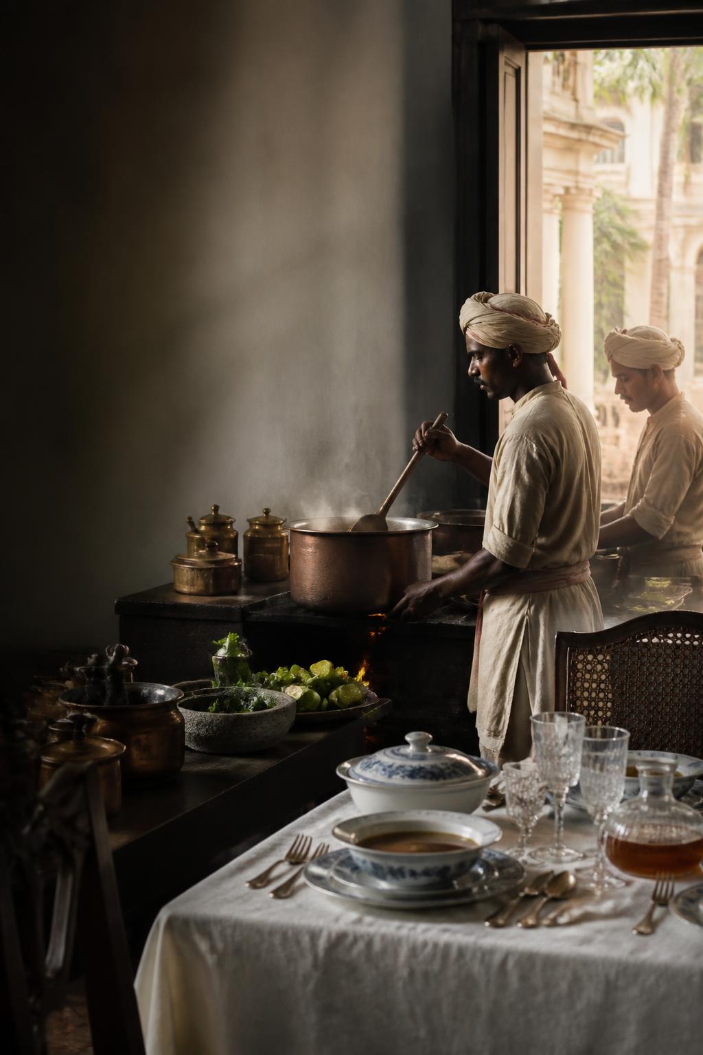 A period kitchen scene linking Madras cooking and colonial dining.