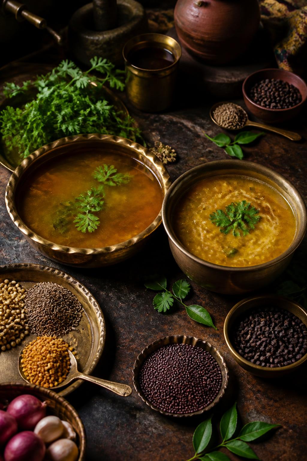 Clear and thick versions of mulligatawny with whole spices.